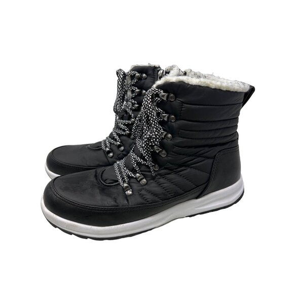 Khombu Black Quilted Lace-Up Winter Boots Size 9 Shearling Lining Side Zipper Cl - Picture 1 of 10